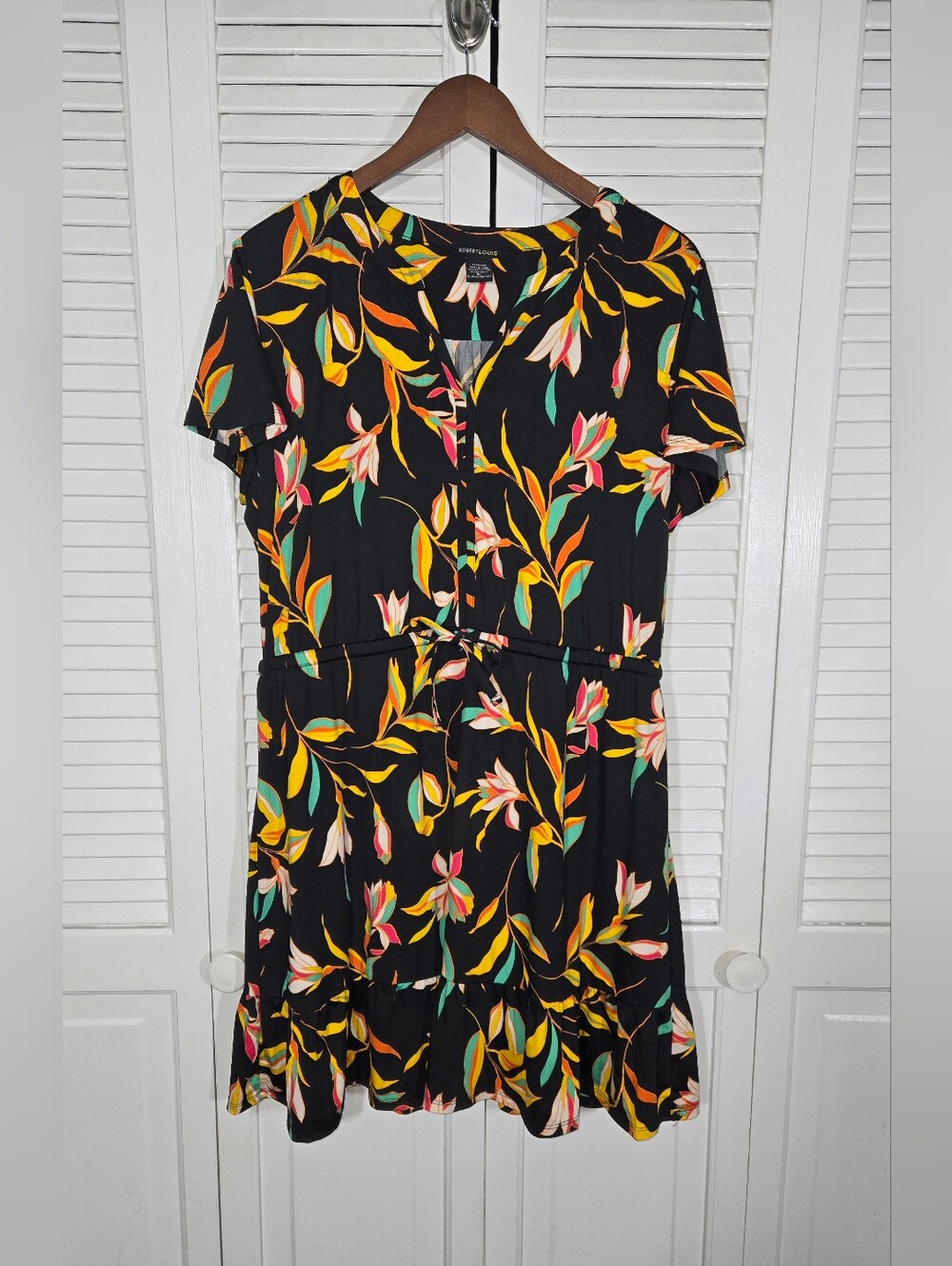 Robert Louis Black Floral Button-Front Tie-Waist Mini Drawstring Waist Dress XL
